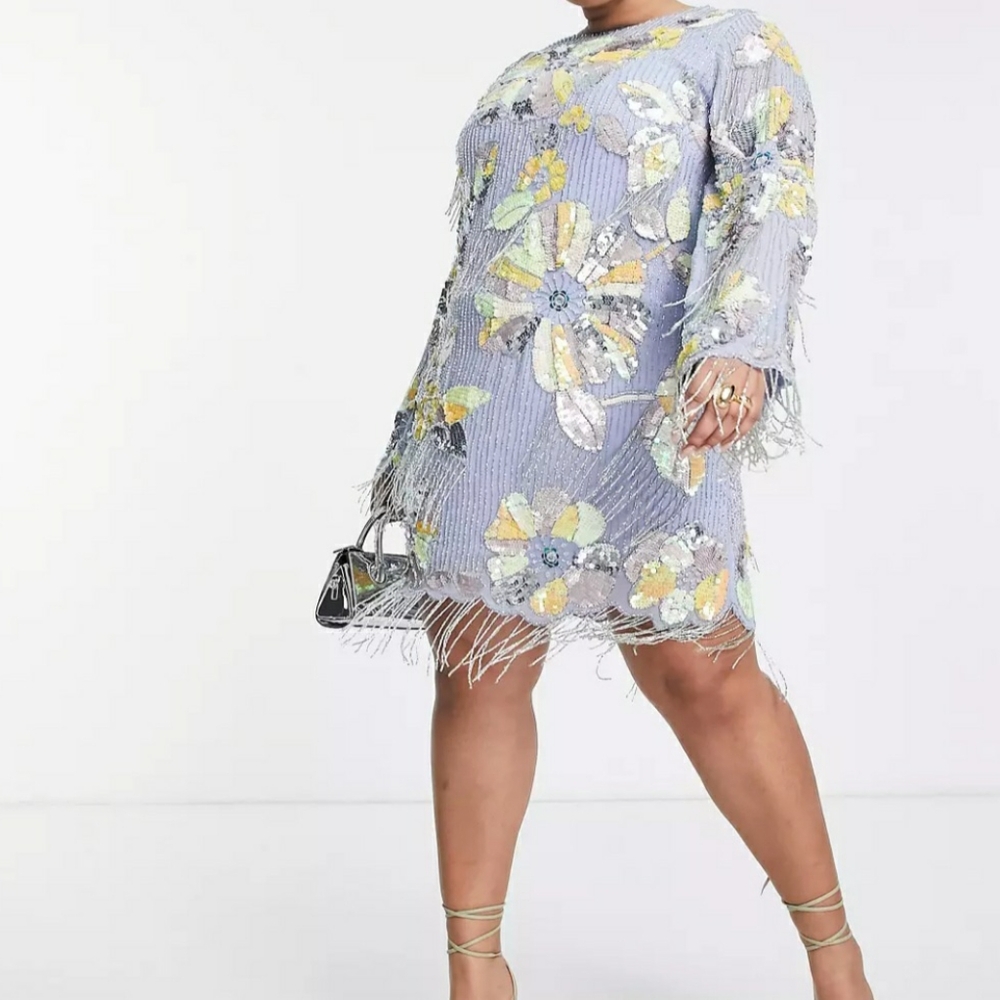 ASOS EDITION Curve bright floral embellished fringe mini dress with low back